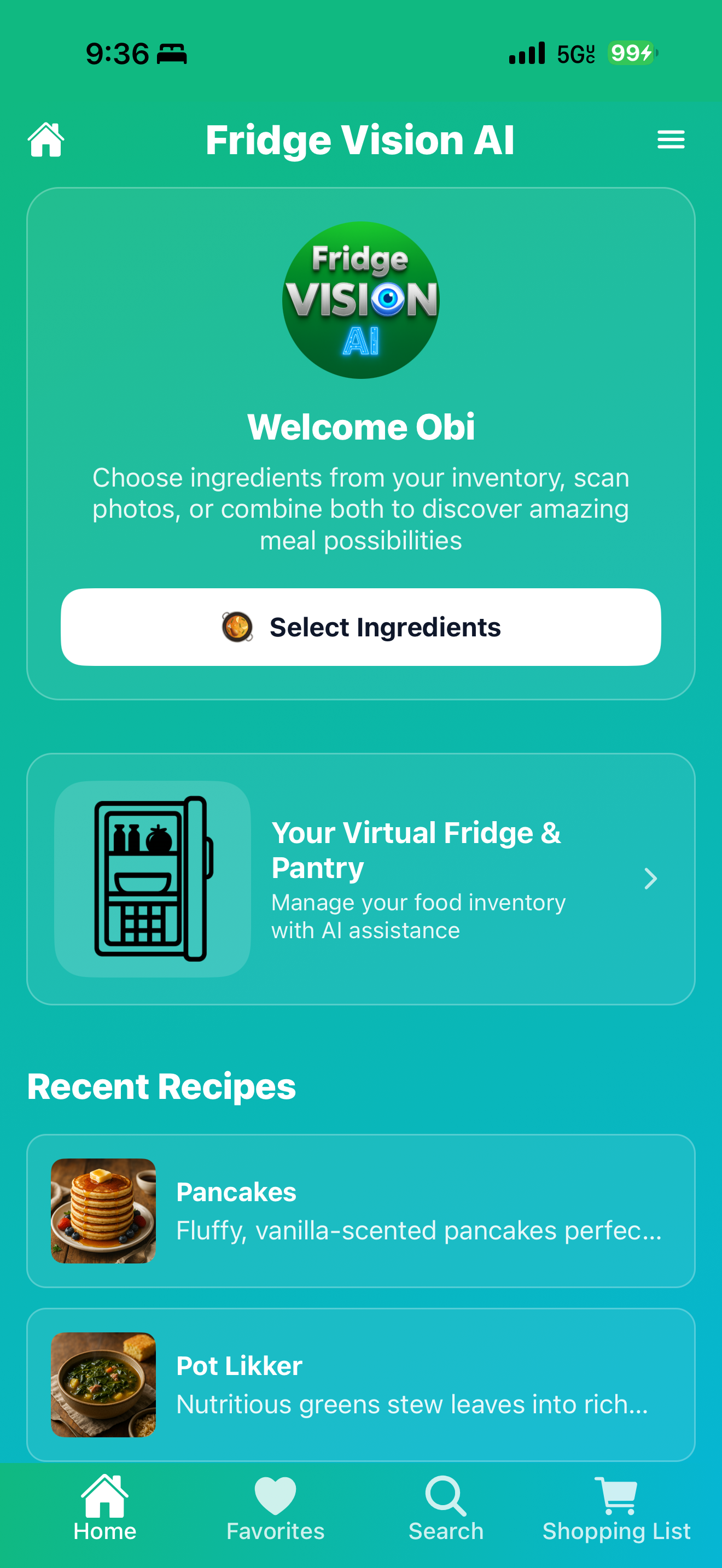 Fridge Vision welcome screen with Select Ingredients option